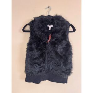 Black Faux Fur Zip-Up Vest Ribbed Knit Winter Warm Sleeveless Jacket Kids